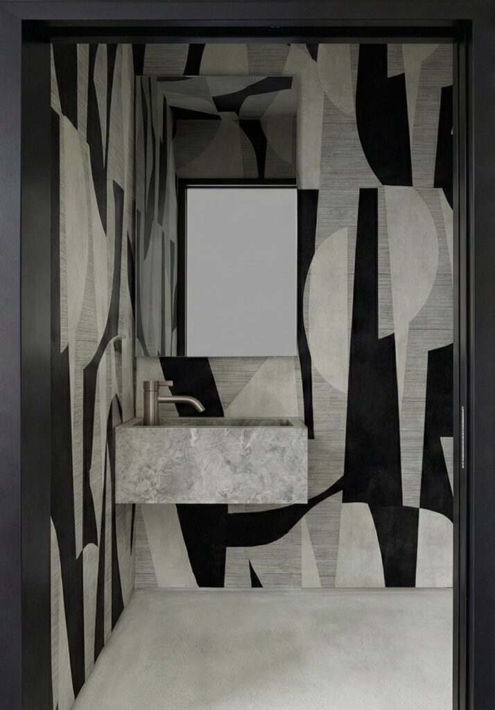 Modernes Gäste-WC mit grafischer Wandgestaltung in Schwarz-Weiß und minimalistischem Waschtisch