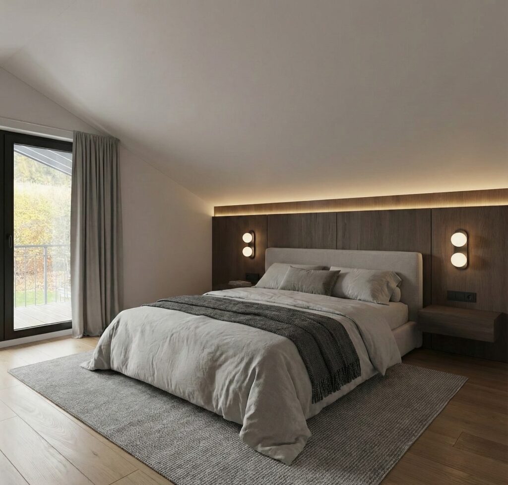 Modernes Schlafzimmer mit gepolstertem Bett, indirekter Beleuchtung und ruhiger Farbpalette