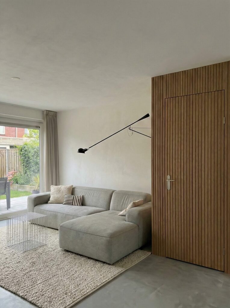 Minimalistisch gestaltetes Wohnzimmer mit grauem Sofa, Holzelementen und ruhiger Farbpalette
